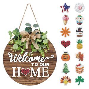 Interchangeable Seasonal Welcome Sign Front Door Decoration, Rustic Round